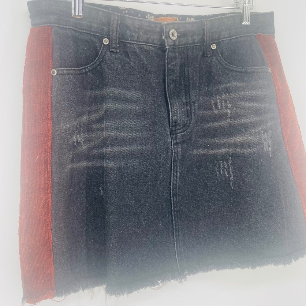 POL Black Distressed Denim Mini Skirt Rust Corduroy Stripe Raw Hem size L NWT - Picture 4 of 12